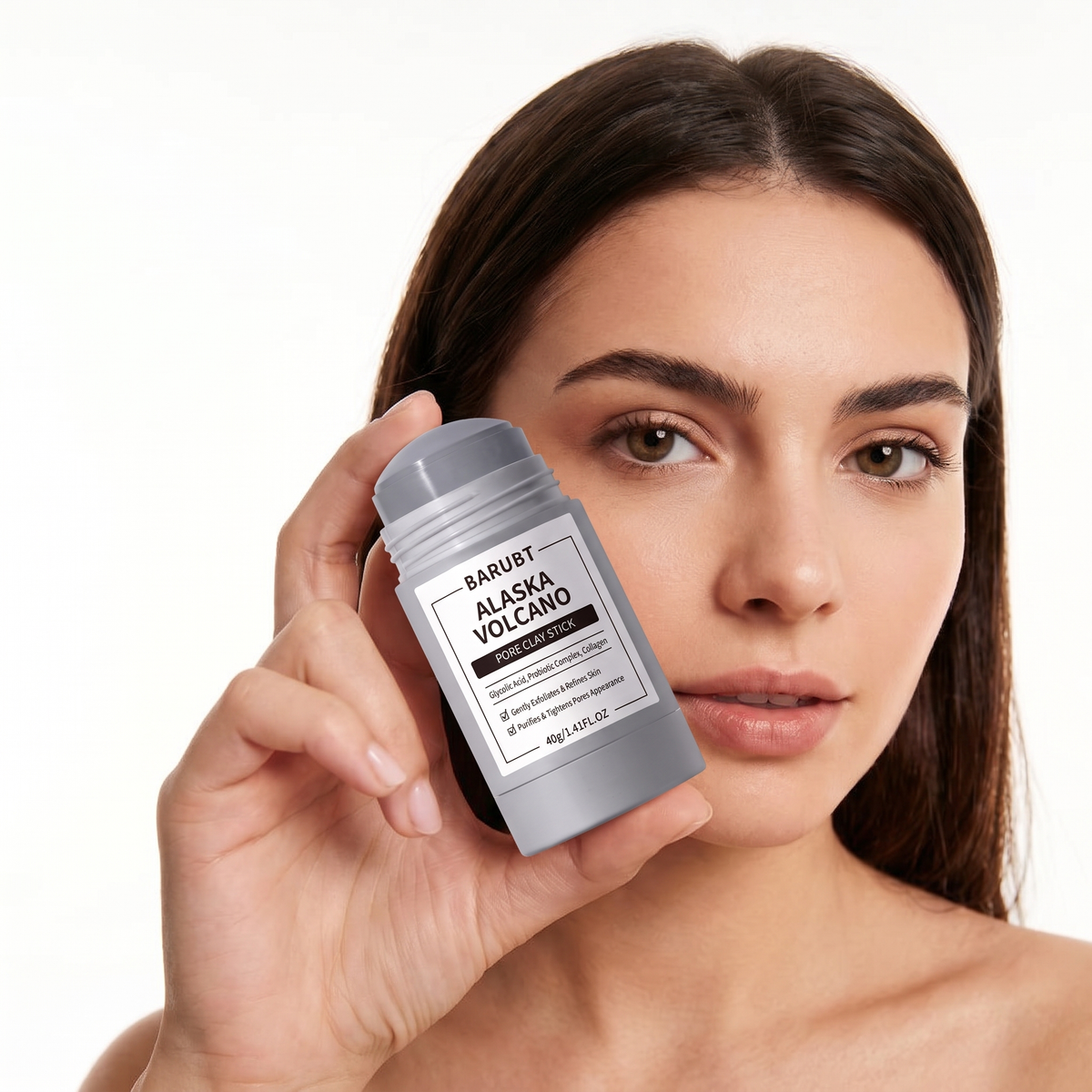 Model holding GLOWE+ skincare product